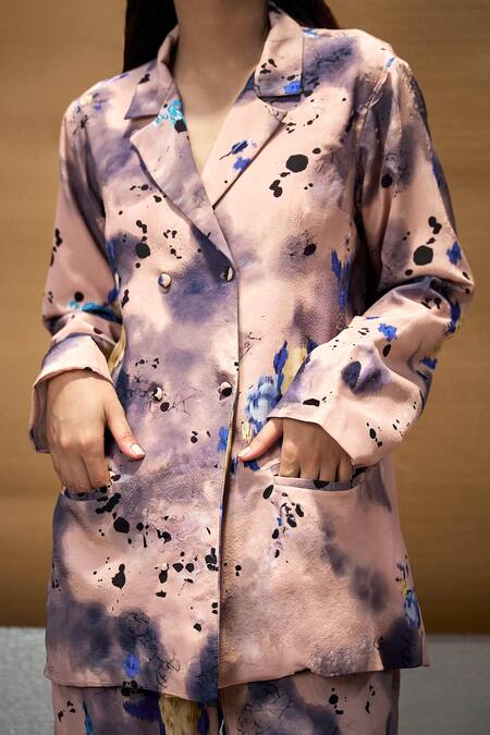 Buy Amka Cream Silk Collared Noho Abstract Print Coat And Pant Set Online at Aza Fashions Buy_Amka_Cream Silk Collared Noho Abstract Print Coat And Pant Set_Online_at_Aza_Fashions