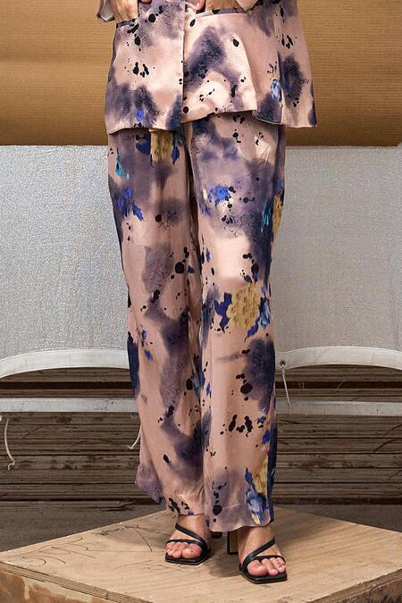 Shop Amka Cream Silk Collared Noho Abstract Print Coat And Pant Set Online at Aza Fashions Shop_Amka_Cream Silk Collared Noho Abstract Print Coat And Pant Set_Online_at_Aza_Fashions