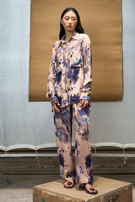 Amka_Cream Silk Collared Half Moon Printed Shirt And Pant Set_Online_at_Aza_Fashions