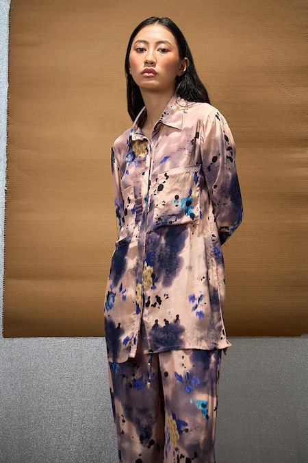 Buy_Amka_Cream Silk Collared Half Moon Printed Shirt And Pant Set_Online_at_Aza_Fashions