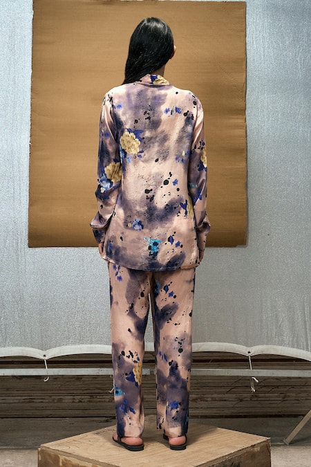 Shop_Amka_Cream Silk Collared Half Moon Printed Shirt And Pant Set_Online_at_Aza_Fashions