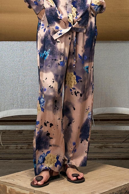 Amka_Cream Silk Collared Half Moon Printed Shirt And Pant Set_at_Aza_Fashions