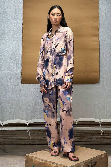 Amka_Cream Silk Collared Half Moon Printed Shirt_Online_at_Aza_Fashions