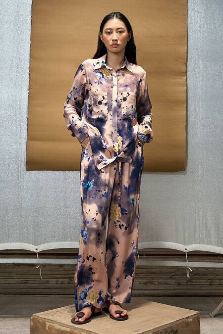 Buy_Amka_Cream Silk Collared Half Moon Printed Shirt_Online_at_Aza_Fashions