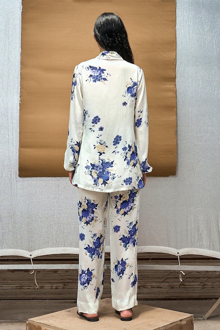 Shop Amka Ivory Silk Embroidery Collared Cloud Floral Print Shirt And Pant Set at Aza Fashions Shop_Amka_Ivory Silk Embroidery Collared Cloud Floral Print Shirt And Pant Set _at_Aza_Fashions