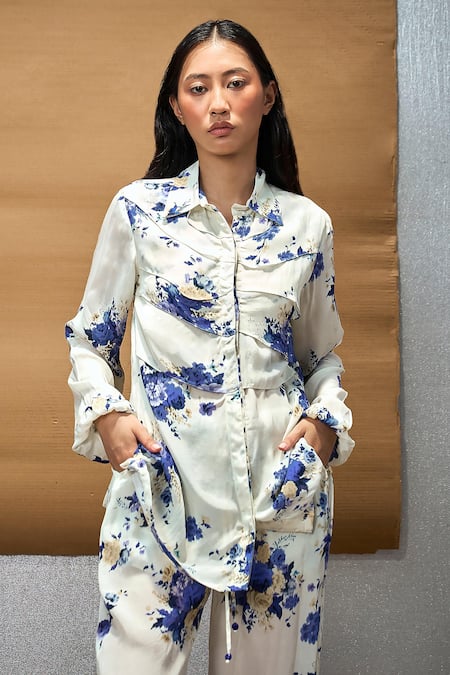 Buy Amka Ivory Silk Embroidery Collared Cloud Floral Print Shirt And Pant Set Online at Aza Fashions Buy_Amka_Ivory Silk Embroidery Collared Cloud Floral Print Shirt And Pant Set _Online_at_Aza_Fashions