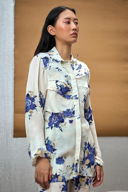 Shop Amka Ivory Silk Embroidery Collared Cloud Floral Print Shirt And Pant Set Online at Aza Fashions Shop_Amka_Ivory Silk Embroidery Collared Cloud Floral Print Shirt And Pant Set _Online_at_Aza_Fashions
