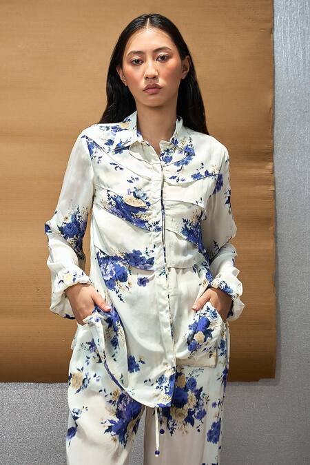 Amka Ivory Silk Embroidery Collared Cloud Floral Print Shirt Online at Aza Fashions Amka_Ivory Silk Embroidery Collared Cloud Floral Print Shirt_Online_at_Aza_Fashions