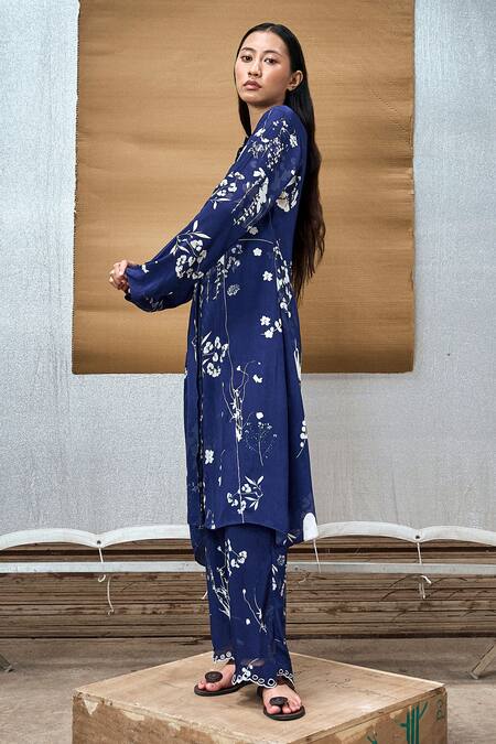 Amka_Blue Silk Embroidery Mandarin Collar Printed Kurta_Online_at_Aza_Fashions