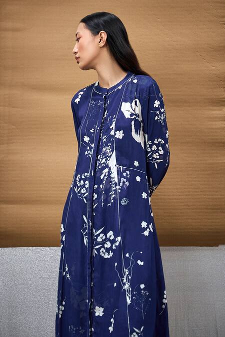 Shop_Amka_Blue Silk Embroidery Mandarin Collar Printed Kurta_Online_at_Aza_Fashions