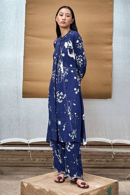 Amka_Blue Silk Embroidery Mandarin Collar Printed Kurta_at_Aza_Fashions