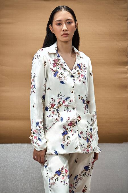 Buy Amka White Silk Embroidery Crayon Printed Blazer And Pant Set Online at Aza Fashions Buy_Amka_White Silk Embroidery Crayon Printed Blazer And Pant Set_Online_at_Aza_Fashions