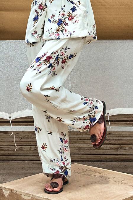 Shop Amka White Silk Embroidery Crayon Printed Blazer And Pant Set Online at Aza Fashions Shop_Amka_White Silk Embroidery Crayon Printed Blazer And Pant Set_Online_at_Aza_Fashions