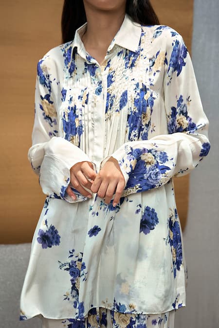 Amka_Ivory Silk Embroidery Collared Hibiscus Printed Shirt And Pant Set_Online_at_Aza_Fashions