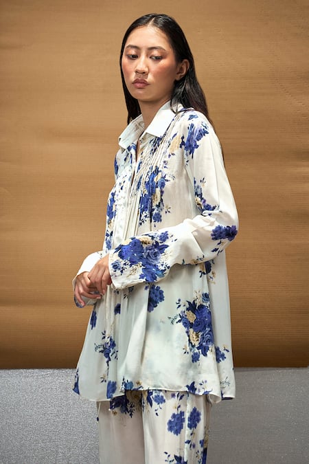 AMKA Hibiscus Silk Printed Pleated Shirt 