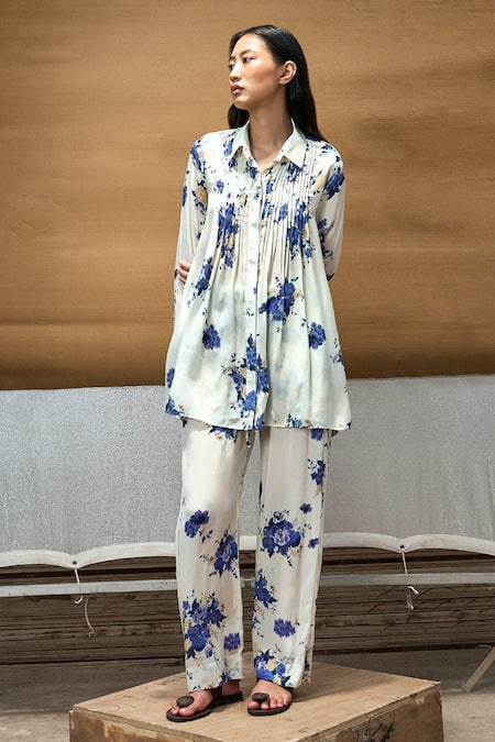 Amka_Blue Silk Embroidery Collared Wildflower Print Pleated Shirt_Online_at_Aza_Fashions