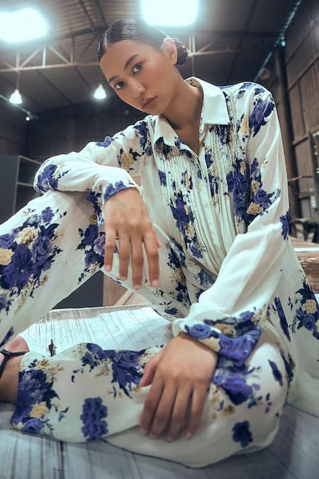 Buy_Amka_Blue Silk Embroidery Collared Wildflower Print Pleated Shirt_Online_at_Aza_Fashions