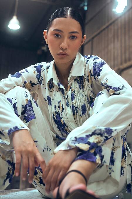 Amka_Blue Silk Embroidery Collared Wildflower Print Pleated Shirt_at_Aza_Fashions