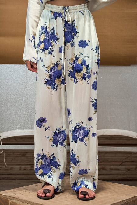 Amka Ivory Silk Hibiscus Printed Wide Legged Pant Online at Aza Fashions Amka_Ivory Silk Hibiscus Printed Wide Legged Pant_Online_at_Aza_Fashions