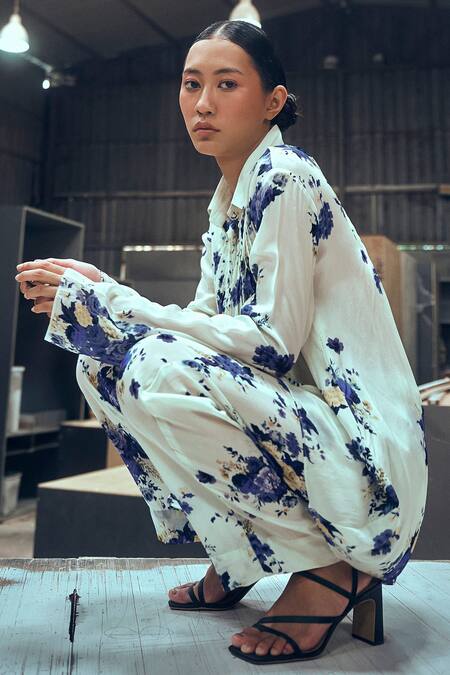 Shop Amka Ivory Silk Hibiscus Printed Wide Legged Pant Online at Aza Fashions Shop_Amka_Ivory Silk Hibiscus Printed Wide Legged Pant_Online_at_Aza_Fashions