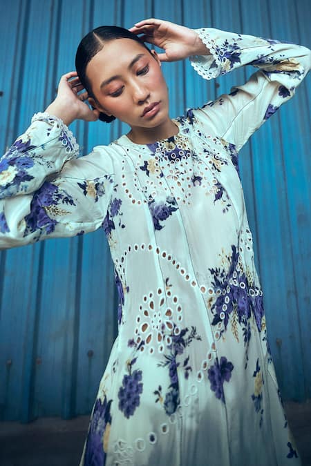 Shop_Amka_Ivory Silk Embroidery Round Neck Fiona Wildflower Print Kurta_Online_at_Aza_Fashions