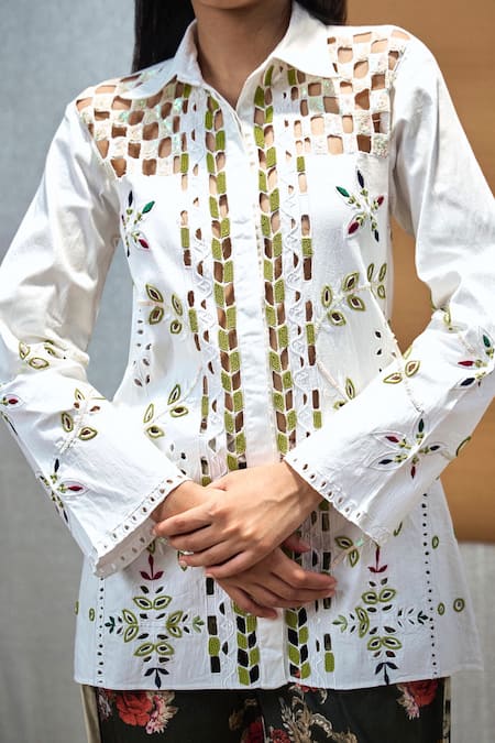 Buy_Amka_White Cotton Sequins, Beads, Raintree Cut Work Shirt And Printed Pant Set_Online_at_Aza_Fashions