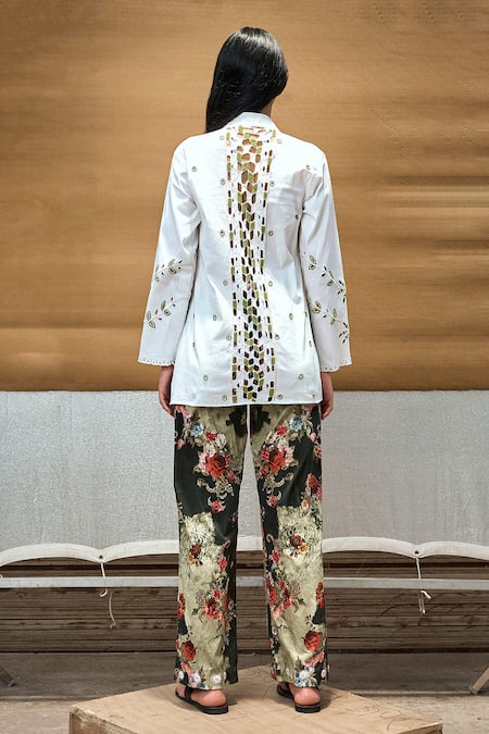 Buy_Amka_White Cotton Sequins, Beads, Raintree Cut Work Shirt And Printed Pant Set