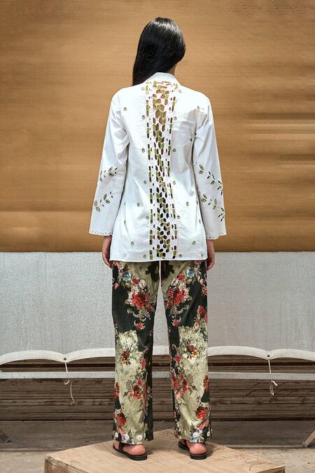 Shop_Amka_White Cotton Beads, Sequins Collared Raintree Cut Work Embroidered Shirt_at_Aza_Fashions