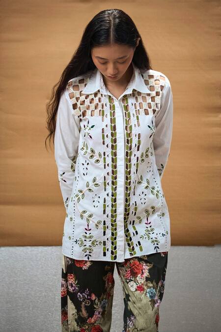 Amka_White Cotton Beads, Sequins Collared Raintree Cut Work Embroidered Shirt_Online_at_Aza_Fashions