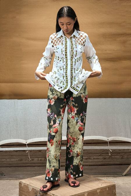 Shop_Amka_White Cotton Beads, Sequins Collared Raintree Cut Work Embroidered Shirt_Online_at_Aza_Fashions