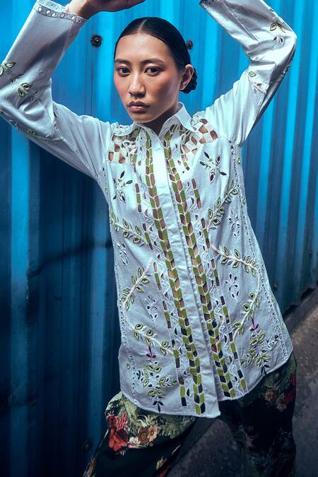 Amka_White Cotton Beads, Sequins Collared Raintree Cut Work Embroidered Shirt_at_Aza_Fashions