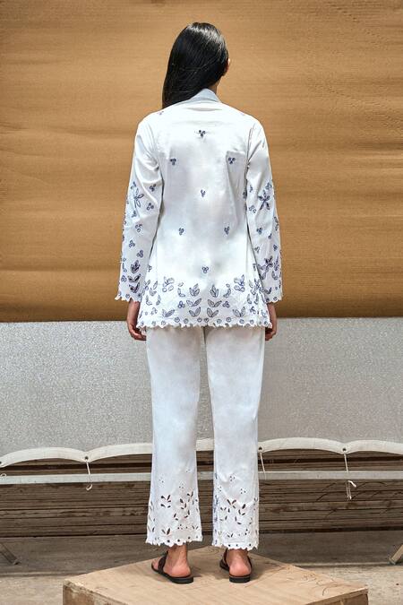 Shop_Amka_White Cotton Beads, Embroidery, Cut Work Collared Unicorn Shirt And Pant Set_at_Aza_Fashions