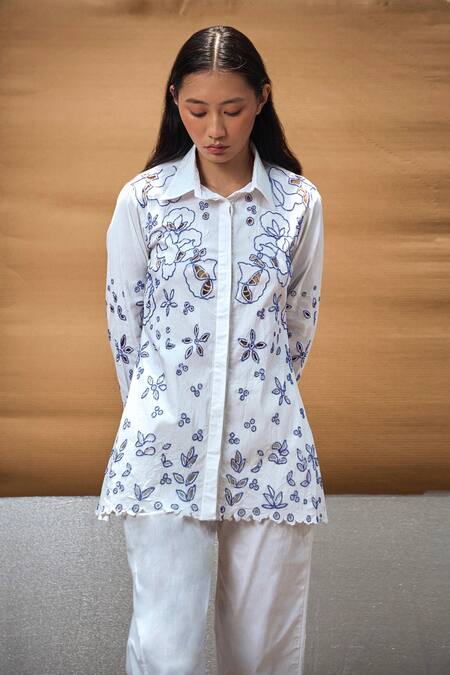Buy_Amka_White Cotton Beads, Embroidery, Cut Work Collared Unicorn Shirt And Pant Set_Online_at_Aza_Fashions