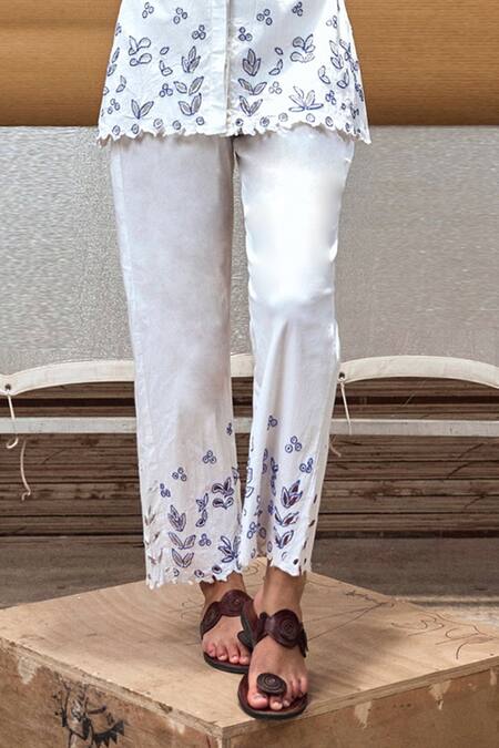 Shop_Amka_White Cotton Beads, Embroidery, Cut Work Collared Unicorn Shirt And Pant Set_Online_at_Aza_Fashions