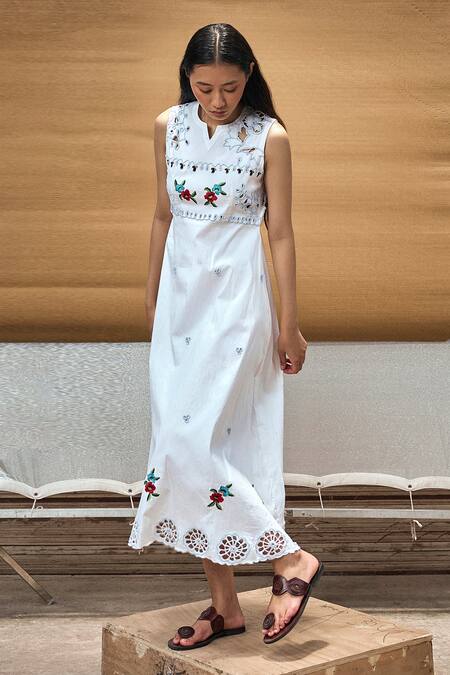 Amka White Cotton Beads, Embroidery Round Neck Rag Doll Floral Dress Online at Aza Fashions Amka_White Cotton Beads, Embroidery Round Neck Rag Doll Floral Dress_Online_at_Aza_Fashions