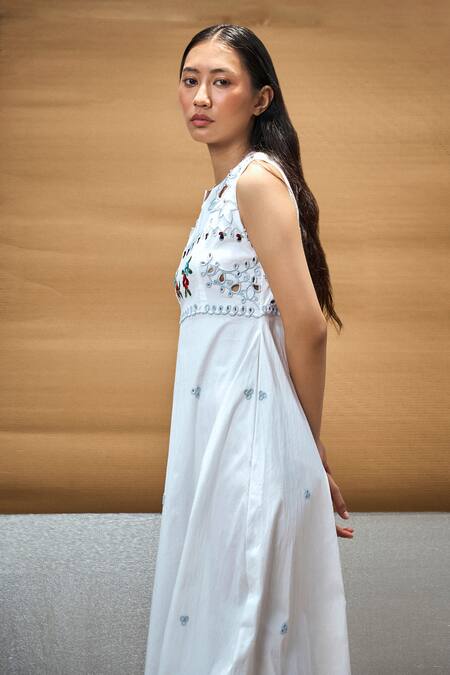 Buy Amka White Cotton Beads, Embroidery Round Neck Rag Doll Floral Dress Online at Aza Fashions Buy_Amka_White Cotton Beads, Embroidery Round Neck Rag Doll Floral Dress_Online_at_Aza_Fashions