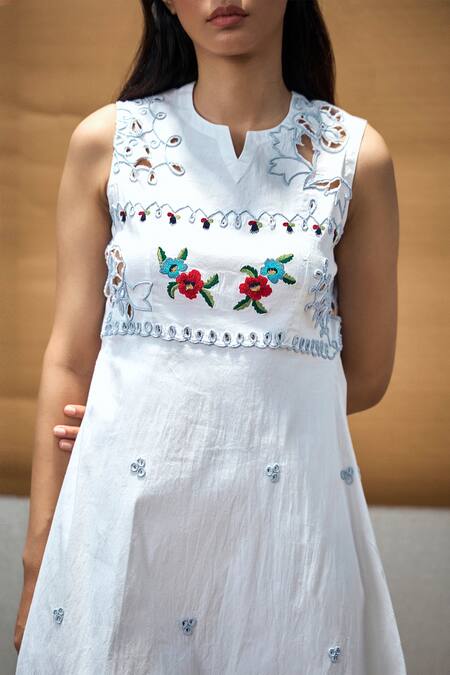 Shop Amka White Cotton Beads, Embroidery Round Neck Rag Doll Floral Dress Online at Aza Fashions Shop_Amka_White Cotton Beads, Embroidery Round Neck Rag Doll Floral Dress_Online_at_Aza_Fashions