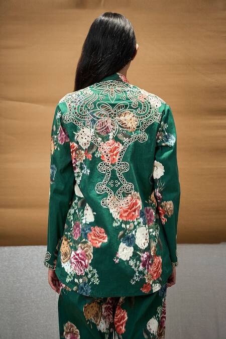 Shop_Amka_Green Cotton Embroidery Collared, Round Neck Bracia Print Shirted Pant Set_at_Aza_Fashions