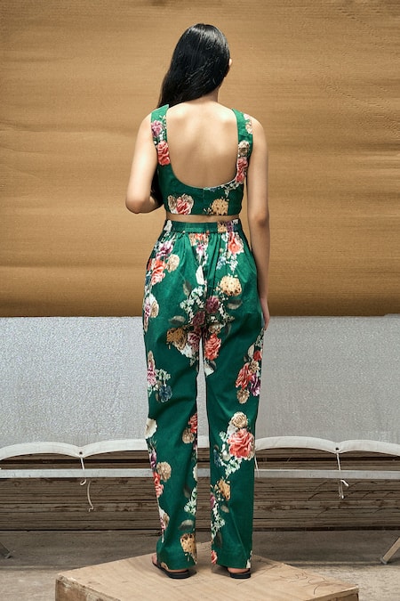 Buy_Amka_Green Cotton Embroidery Bracia Floral Print Pant_Online_at_Aza_Fashions