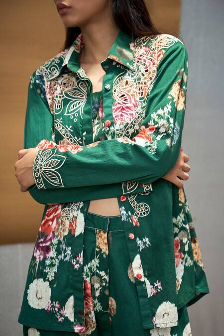 Amka_Green Cotton Embroidery Collared Bracia Printed Cut Work Shirt_Online_at_Aza_Fashions