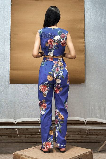 Shop_Amka_Blue Cotton Embroidery Round Neck Neemli Printed Cut Work Top_at_Aza_Fashions