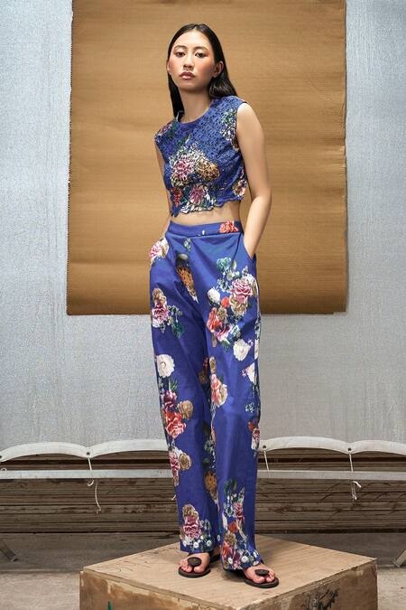 Buy_Amka_Blue Cotton Embroidery Round Neck Neemli Printed Cut Work Top_Online_at_Aza_Fashions