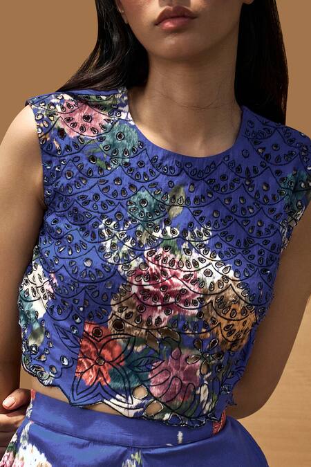 Shop_Amka_Blue Cotton Embroidery Round Neck Neemli Printed Cut Work Top_Online_at_Aza_Fashions