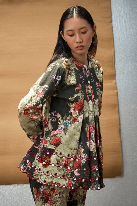 Buy_Amka_Green Cotton Sequins, Embroidery Round Neck Meghiben Floral Print Top_Online_at_Aza_Fashions