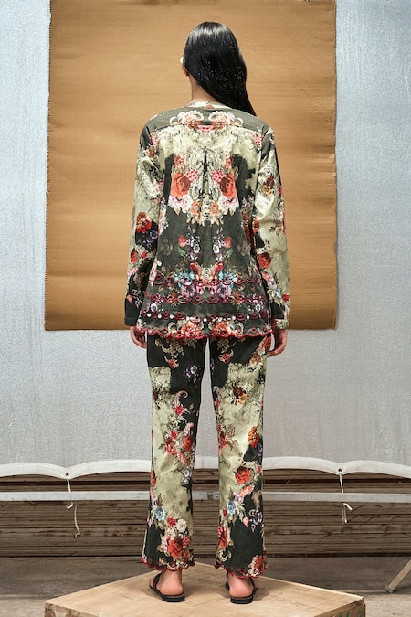 Shop_Amka_Green Cotton Sequins, Embroidery Round Neck Meghiben Floral Print Top_Online_at_Aza_Fashions