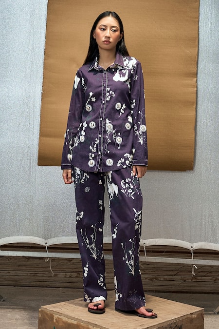 AMKA Black Cotton Printed And Embroidered Bloom & Full Moon Shirt & Pant Set