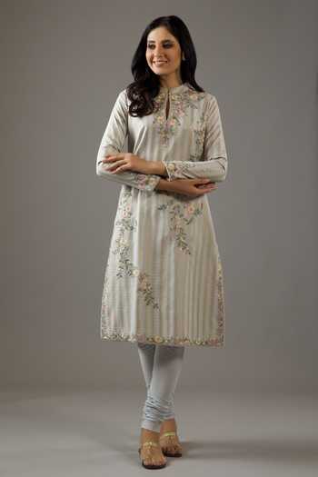 Balance by Rohit Bal_Blue Silk, Cotton, Embroidery Mandarin Floral Kurta Set _Online_at_Aza_Fashions