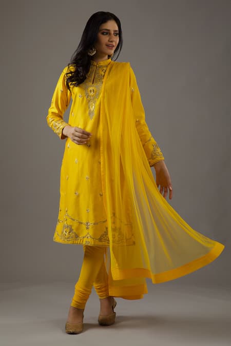 Balance By Rohit Bal Yellow Chanderi Silk, Cotton, Chiffon Embroidery Mandarin Collar Hand Kurta Set 