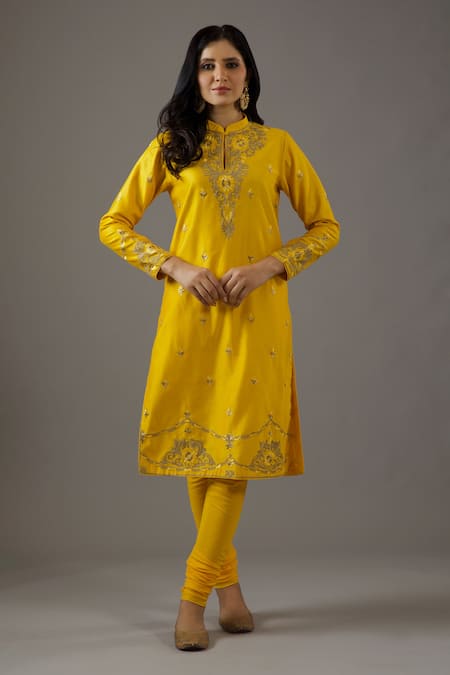 Balance By Rohit Bal Yellow Chanderi Silk, Cotton, Chiffon Embroidery Mandarin Collar Hand Kurta Set Online at Aza Fashions Balance By Rohit Bal_Yellow Chanderi Silk, Cotton, Chiffon Embroidery Mandarin Collar Hand Kurta Set _Online_at_Aza_Fashions