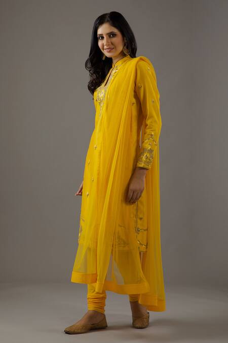 Buy Balance By Rohit Bal Yellow Chanderi Silk, Cotton, Chiffon Embroidery Mandarin Collar Hand Kurta Set Online at Aza Fashions Buy_Balance By Rohit Bal_Yellow Chanderi Silk, Cotton, Chiffon Embroidery Mandarin Collar Hand Kurta Set _Online_at_Aza_Fashions